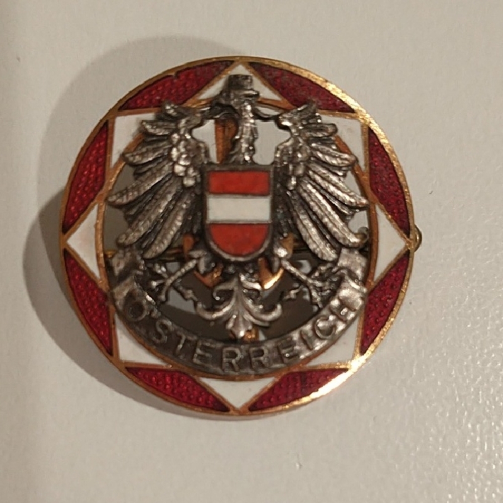Vintage Military Austrian Emblem Pin with Red and White Accents